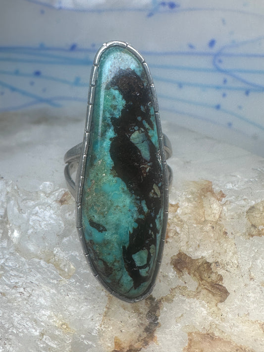 Vintage Sterling Silver Navajo FG Long Matrix Turquoise Ring Size 7.50 925