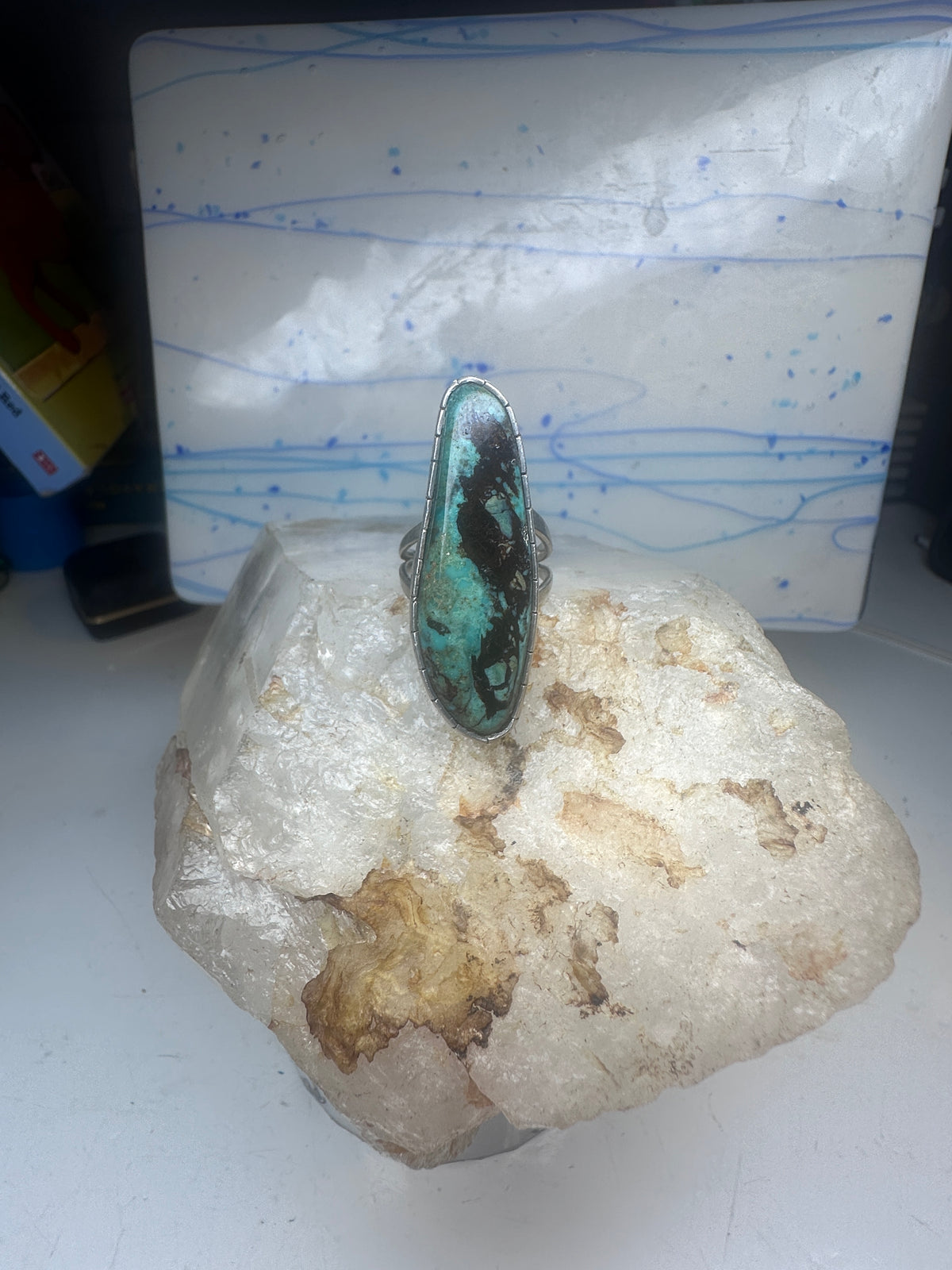 Vintage Sterling Silver Navajo FG Long Matrix Turquoise Ring Size 7.50 925