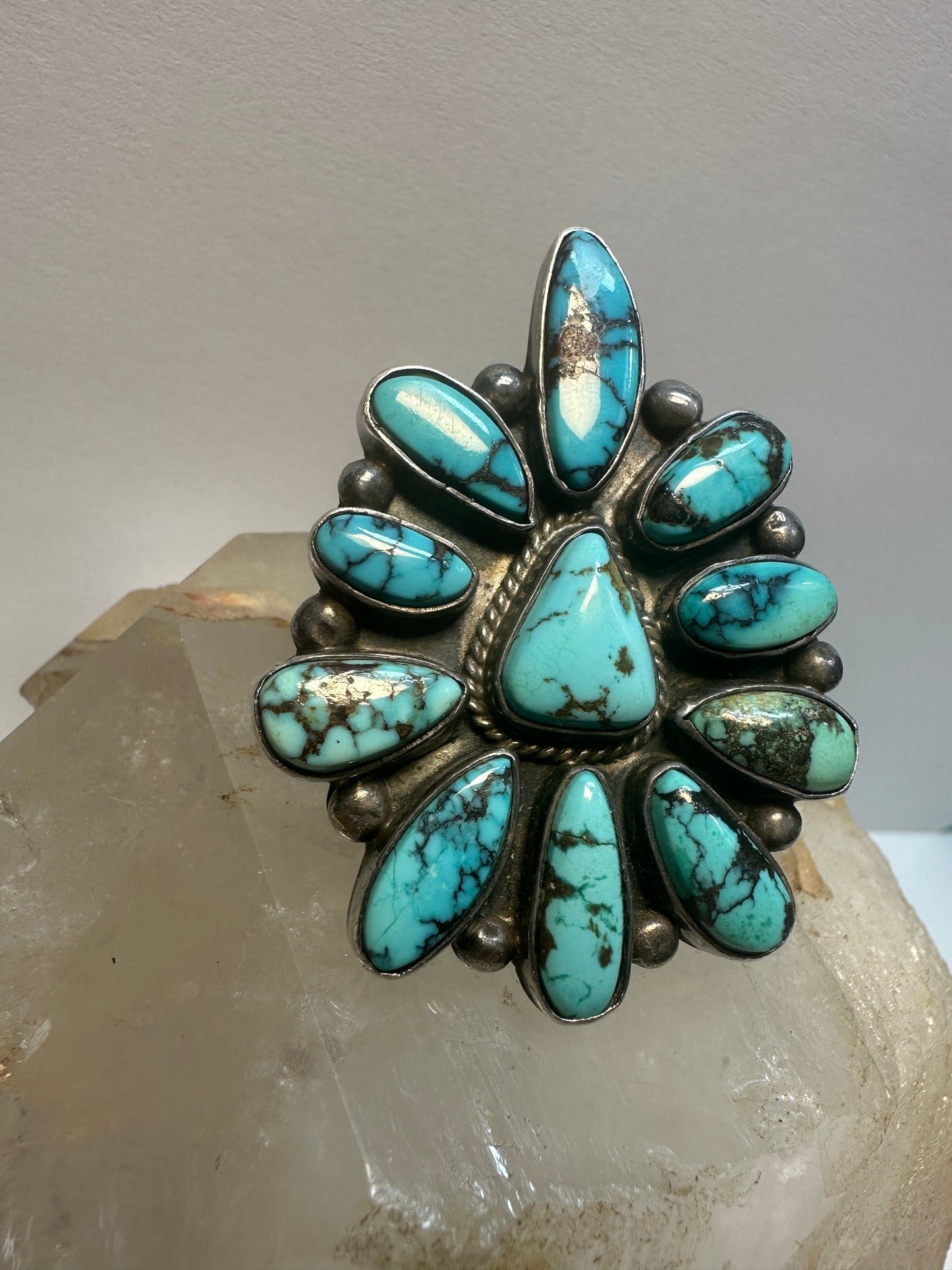 Fred Guerro ring Navajo turquoise huge flower size 7  sterling silver women