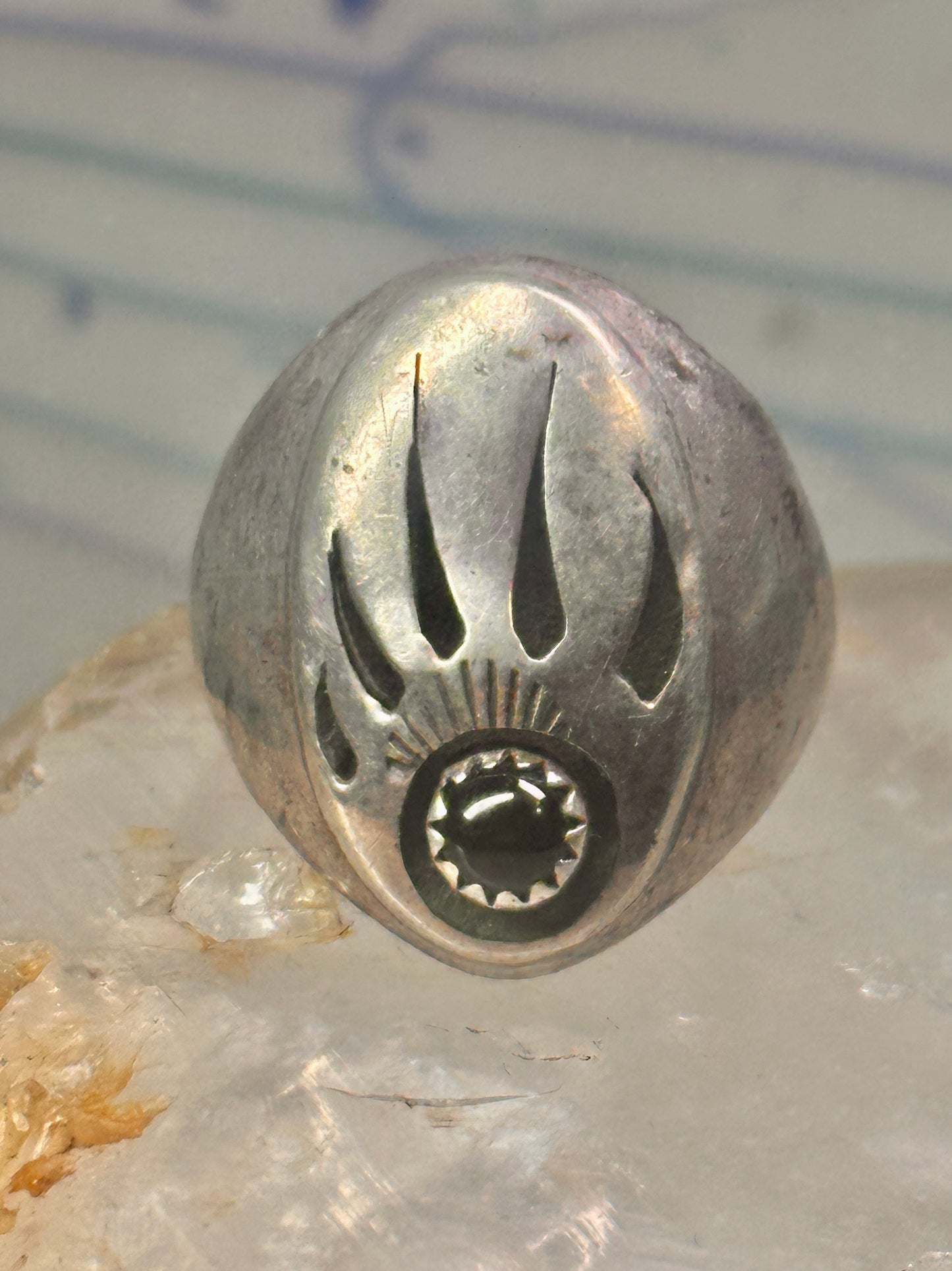 Navajo ring bear footprint size 11.25 onyx sterling silver women men signed R