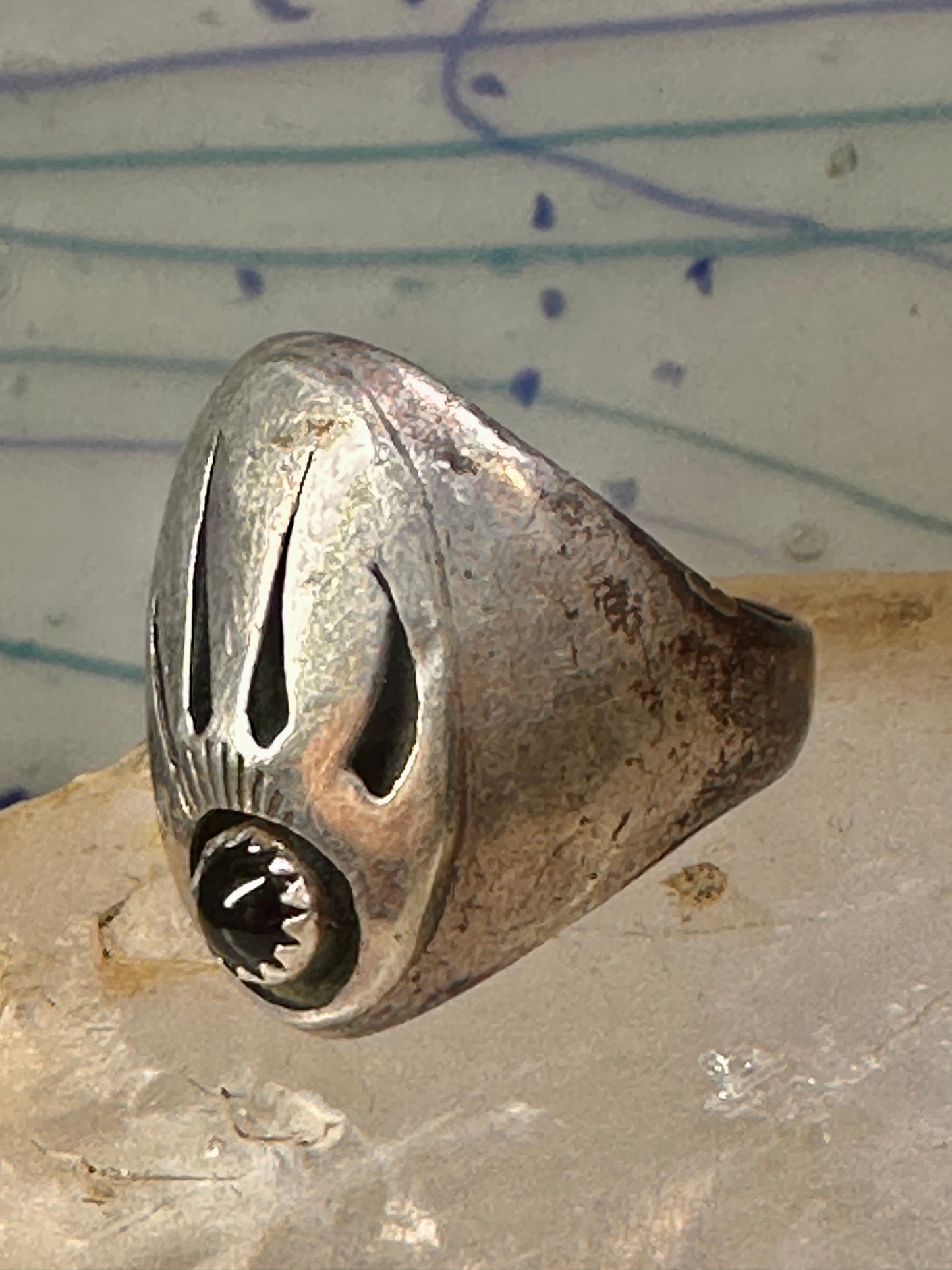 Navajo ring bear footprint size 11.25 onyx sterling silver women men signed R