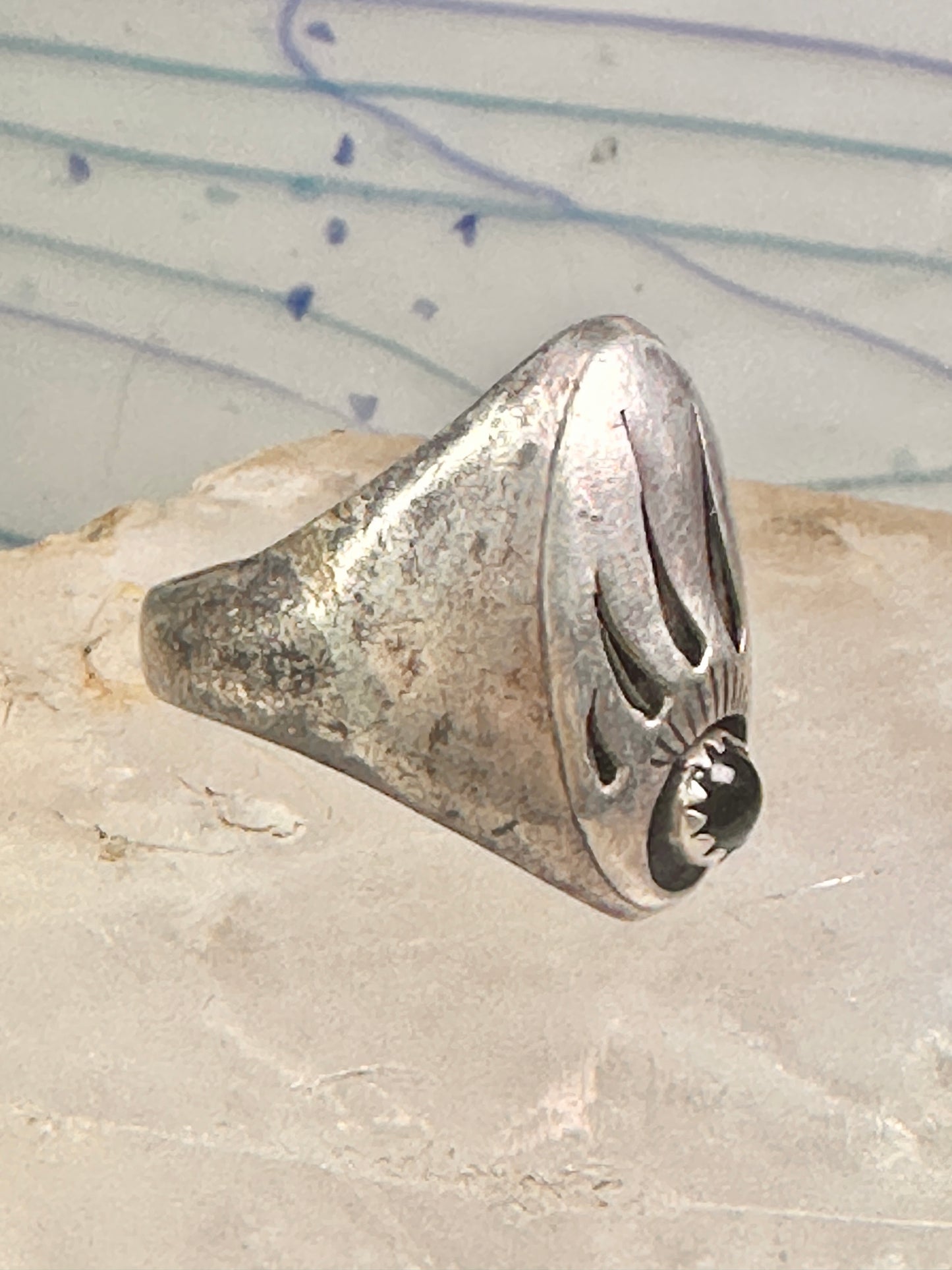 Navajo ring bear footprint size 11.25 onyx sterling silver women men signed R