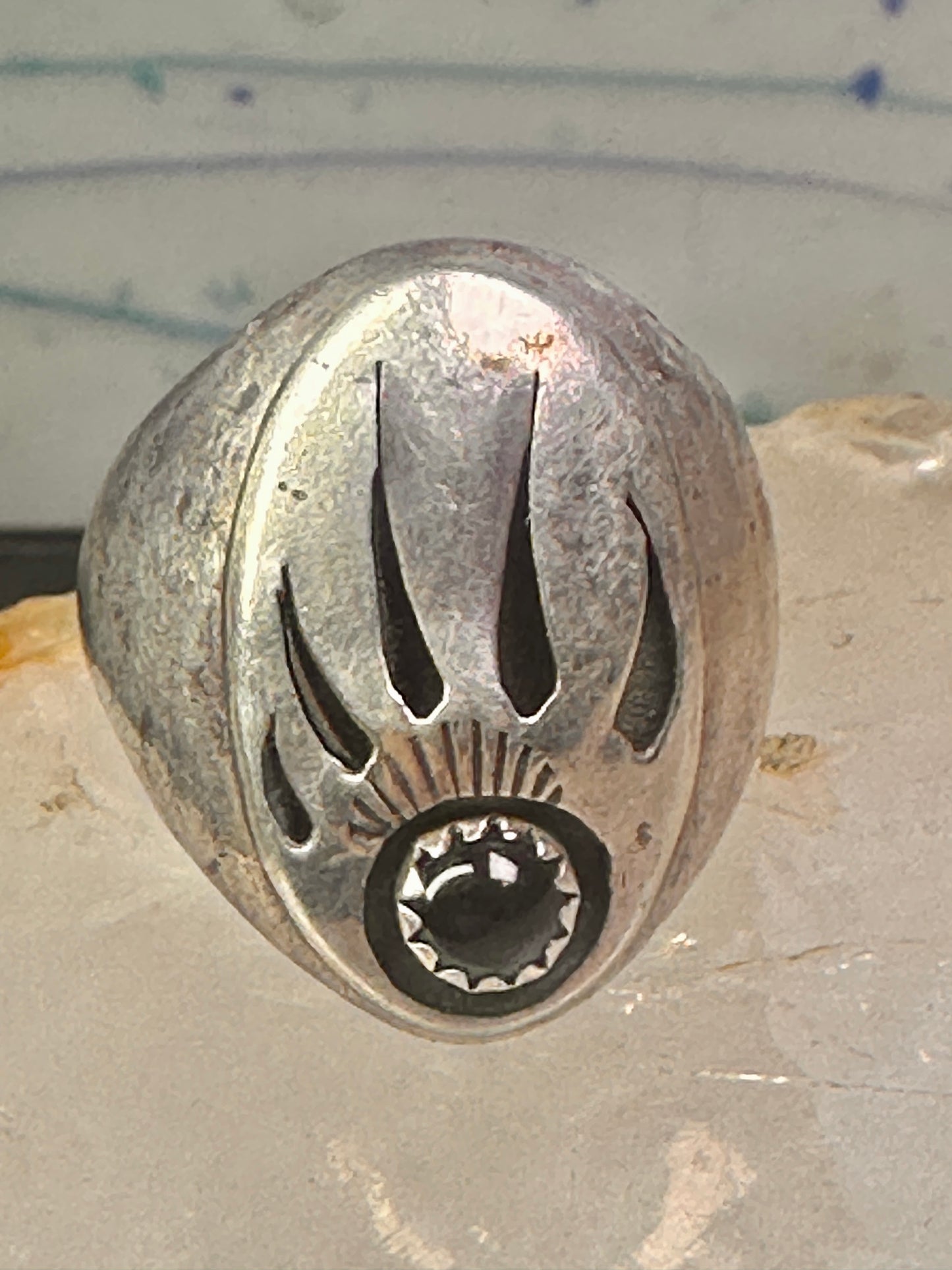 Navajo ring bear footprint size 11.25 onyx sterling silver women men signed R