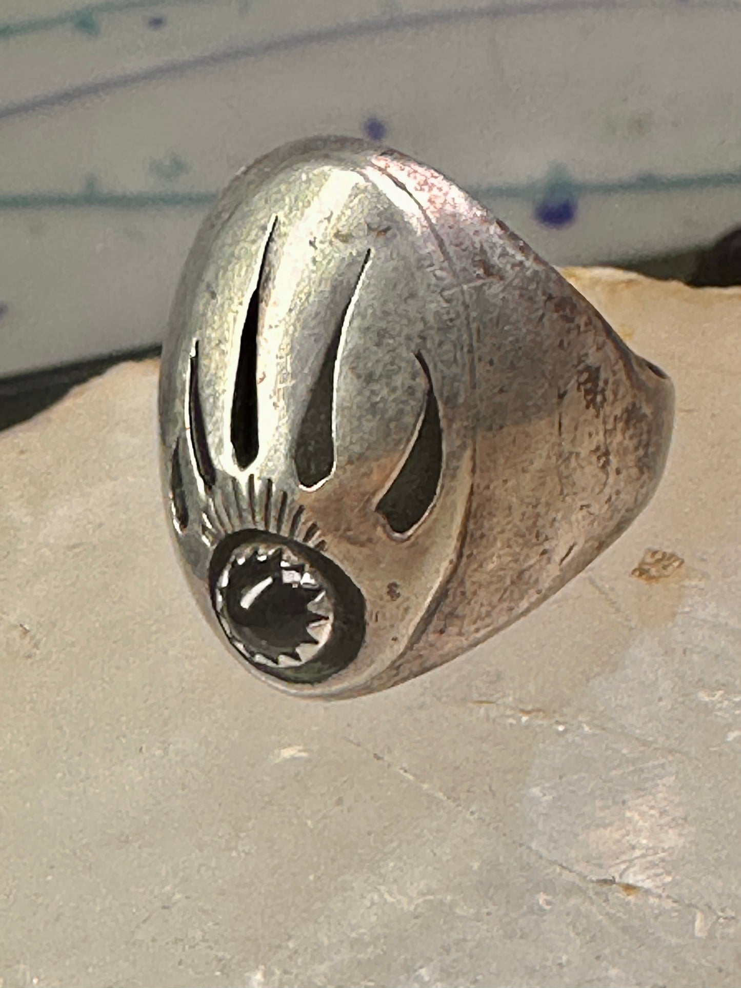 Navajo ring bear footprint size 11.25 onyx sterling silver women men signed R