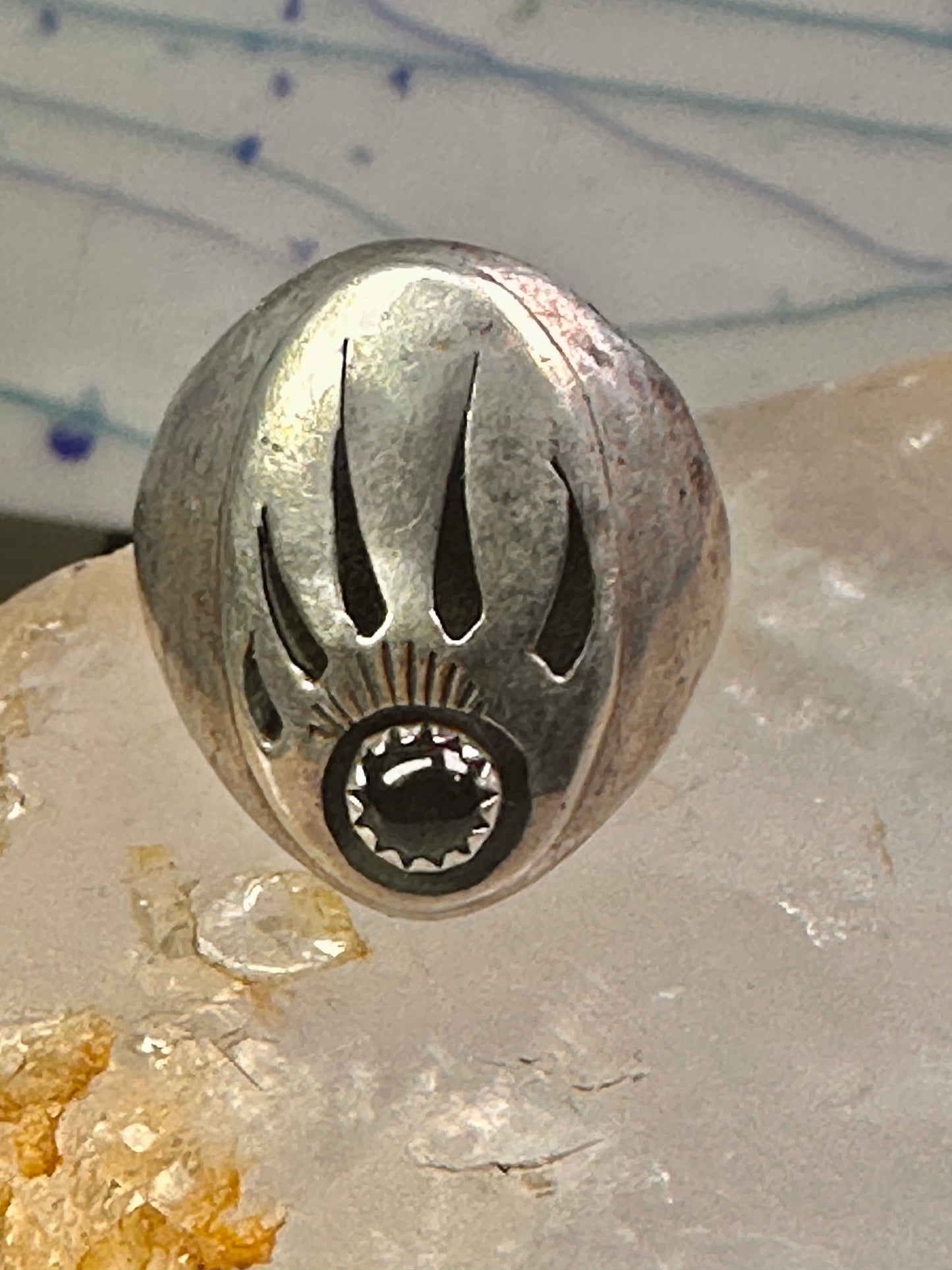 Navajo ring bear footprint size 11.25 onyx sterling silver women men signed R