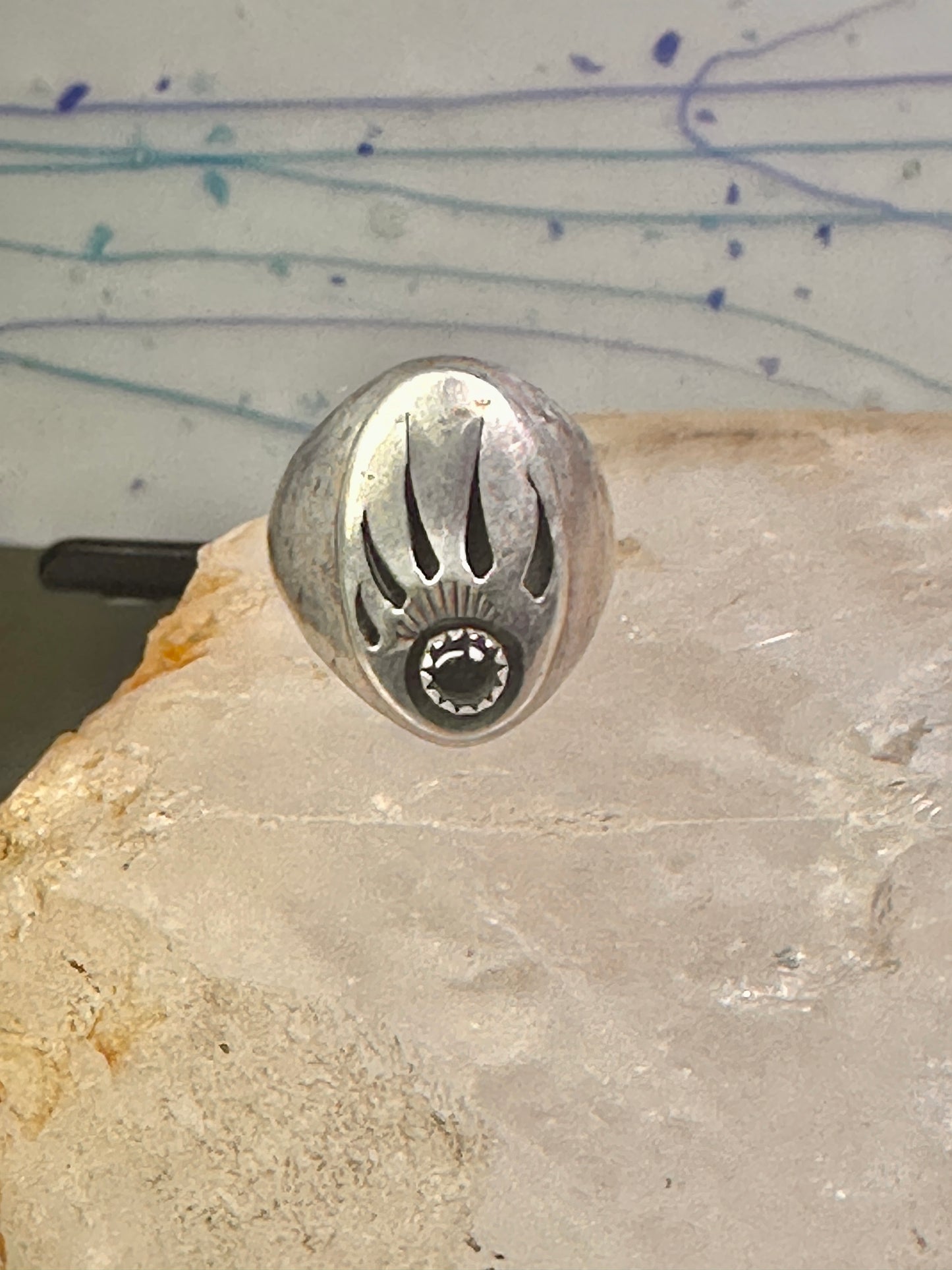 Navajo ring bear footprint size 11.25 onyx sterling silver women men signed R