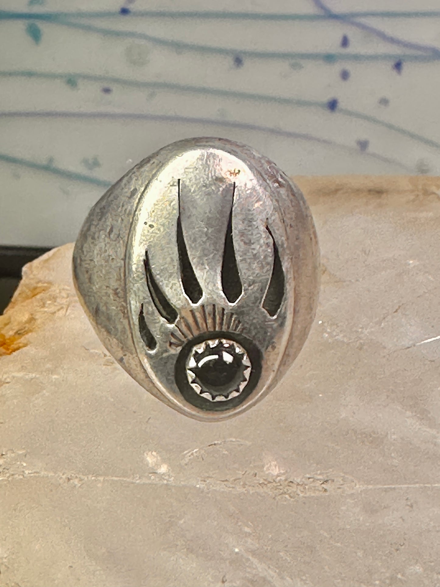 Navajo ring bear footprint size 11.25 onyx sterling silver women men signed R