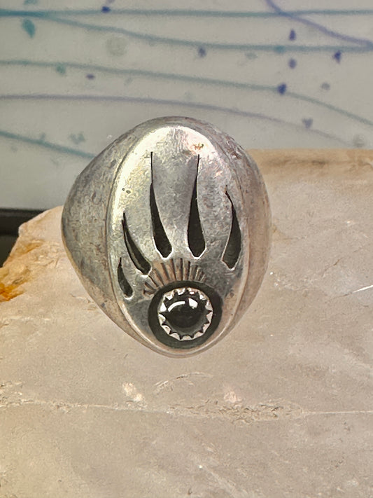 Navajo ring bear footprint size 11.25 onyx sterling silver women men signed R
