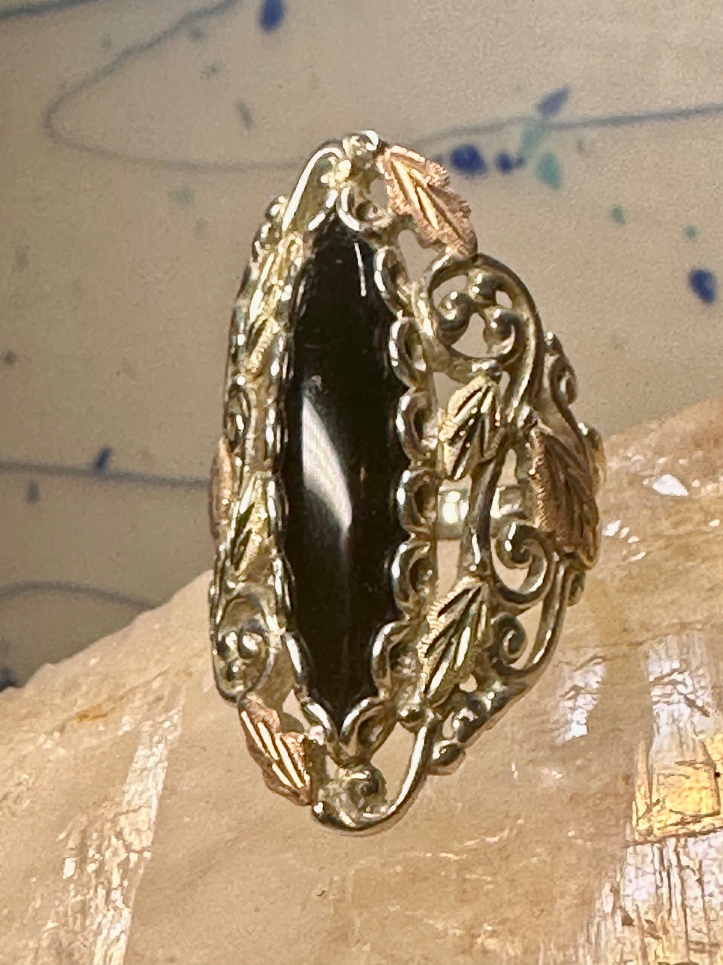 Black Hills Gold ring size 7 long onyx sterling silver women