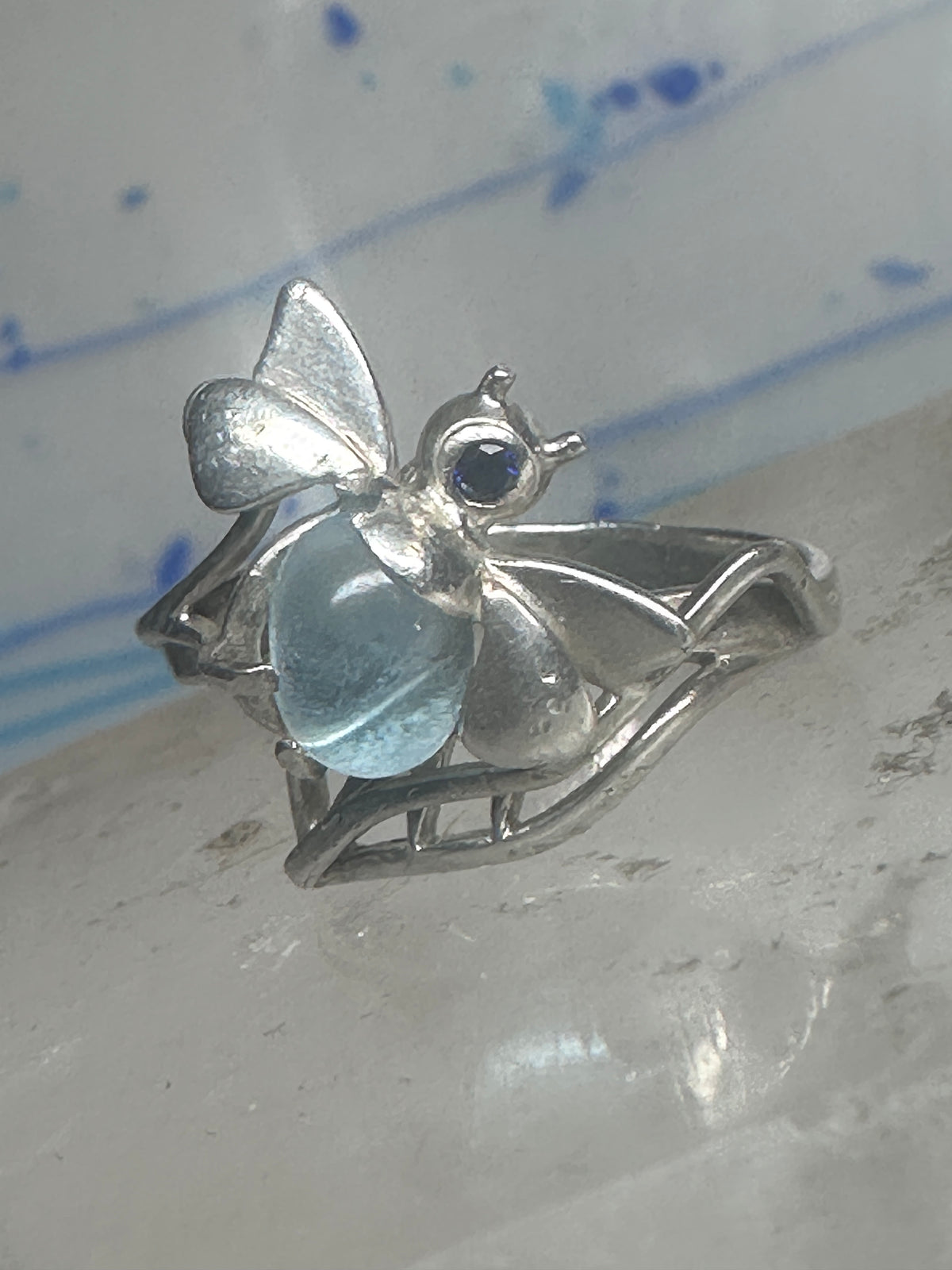Vintage Sterling Silver Bumblebee Cocktail Ring Light Blue Cabochon Dark Blue Accent Size 8.75 925