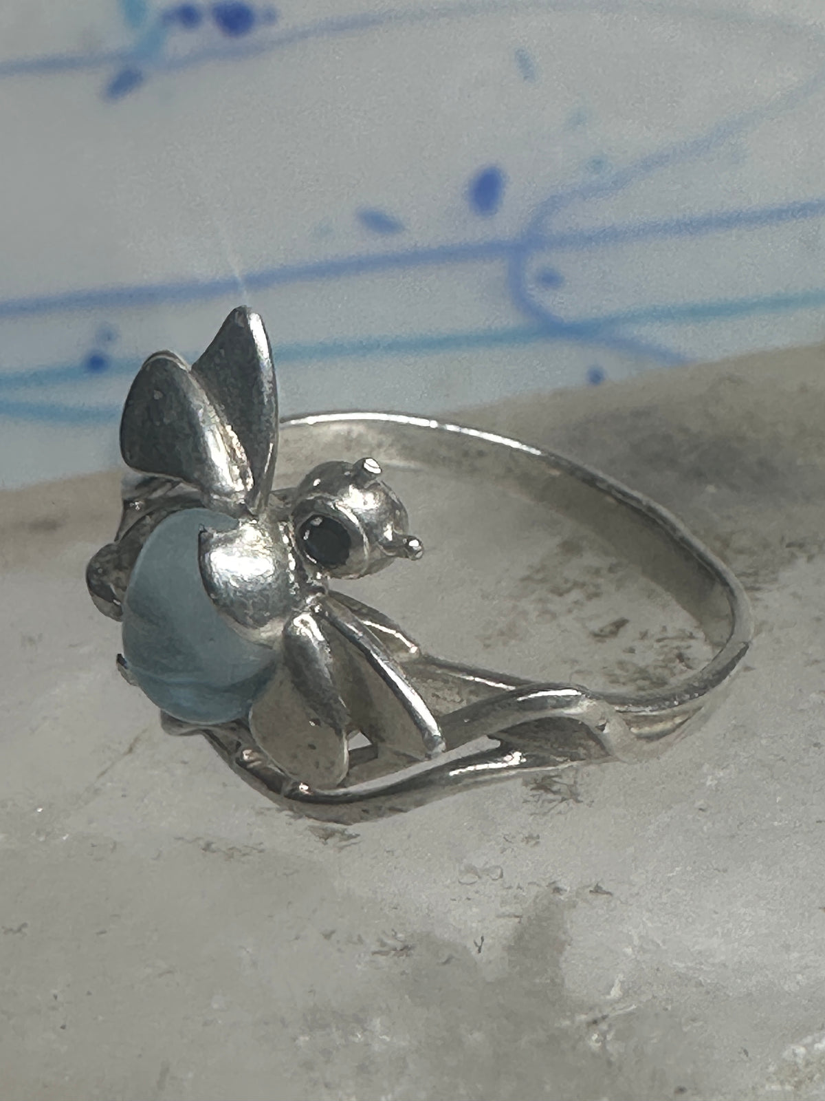Vintage Sterling Silver Bumblebee Cocktail Ring Light Blue Cabochon Dark Blue Accent Size 8.75 925
