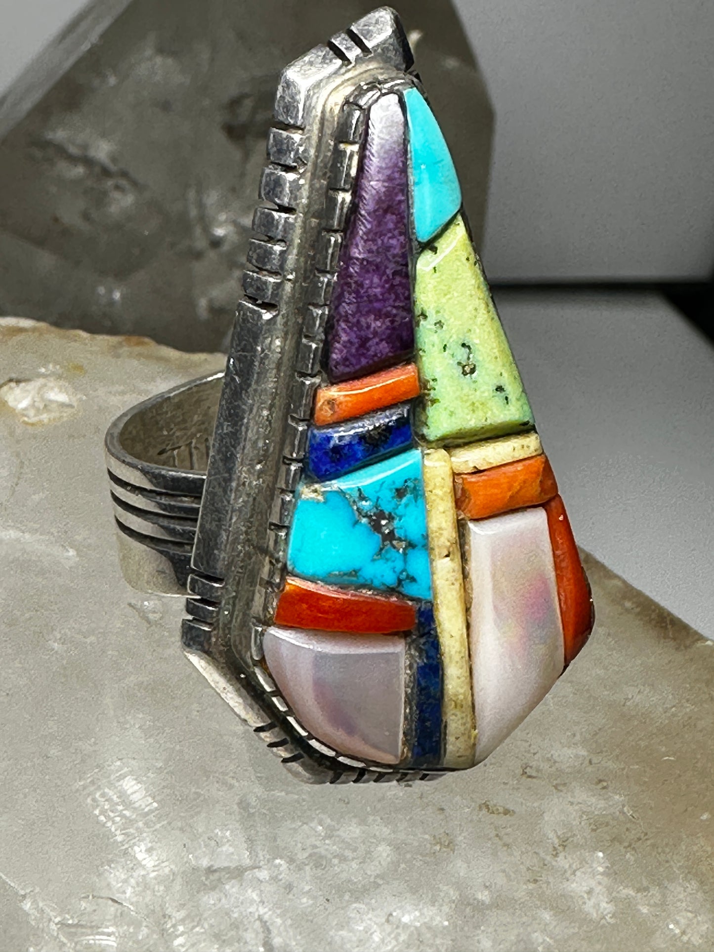 David Tune ring Navajo Tombstone coral lapis turquoise MOP size 10.50 sterling silver women men