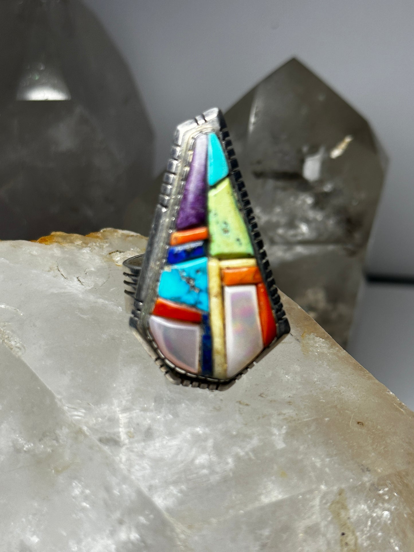 David Tune ring Navajo Tombstone coral lapis turquoise MOP size 10.50 sterling silver women men