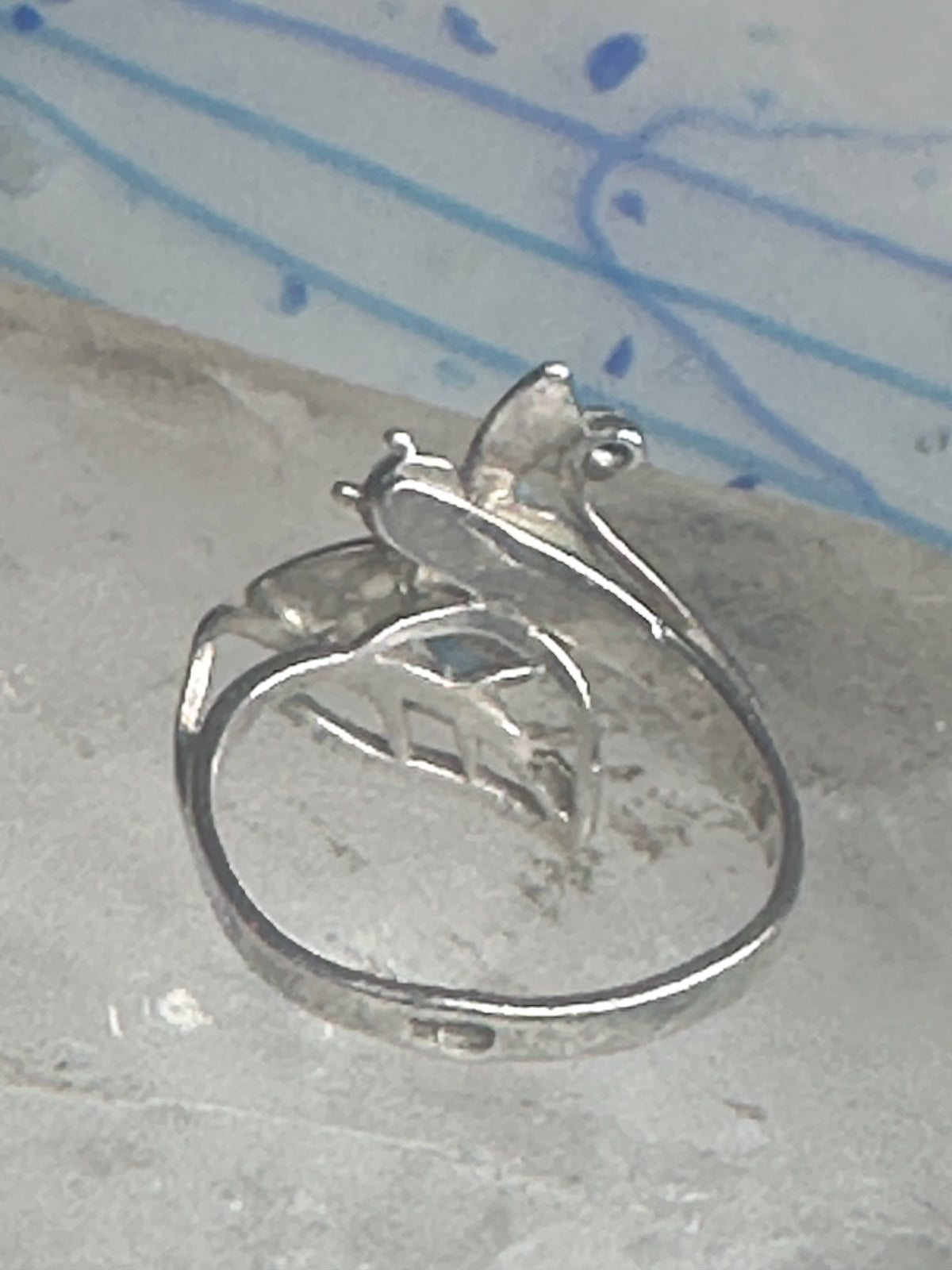 Vintage Sterling Silver Bumblebee Cocktail Ring Light Blue Cabochon Dark Blue Accent Size 8.75 925