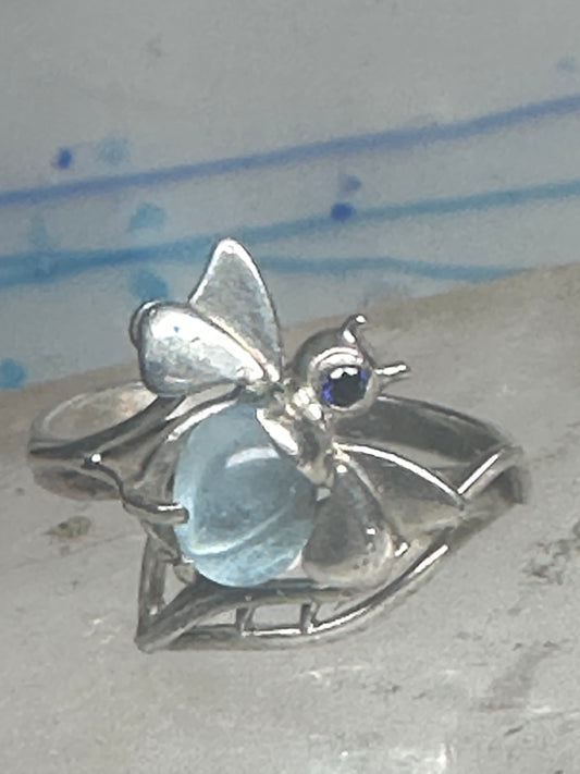 Vintage Sterling Silver Bumblebee Cocktail Ring Light Blue Cabochon Dark Blue Accent Size 8.75 925