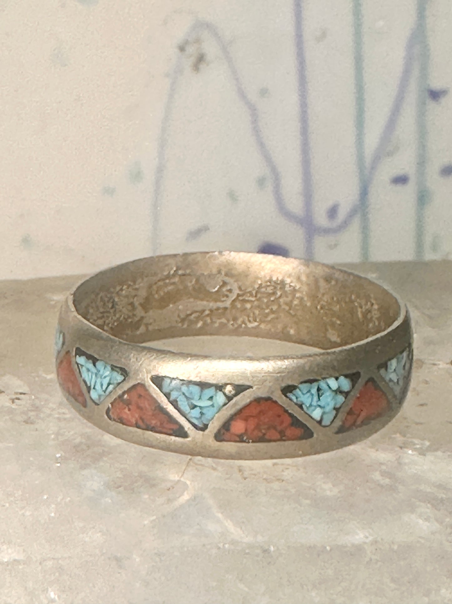 Zuni ring turquoise coral chips wedding band size 11.50 sterling silver women men
