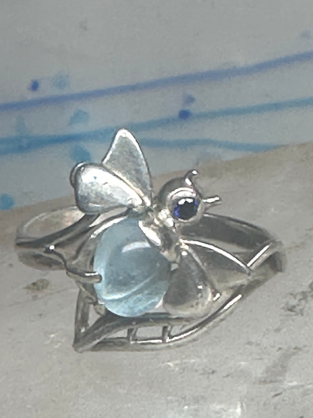 Vintage Sterling Silver Bumblebee Cocktail Ring Light Blue Cabochon Dark Blue Accent Size 8.75 925