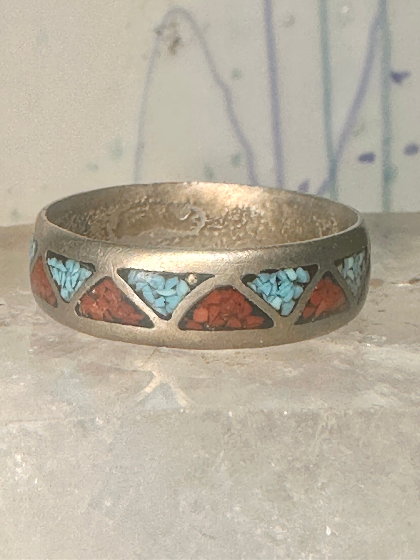 Zuni ring turquoise coral chips wedding band size 11.50 sterling silver women men