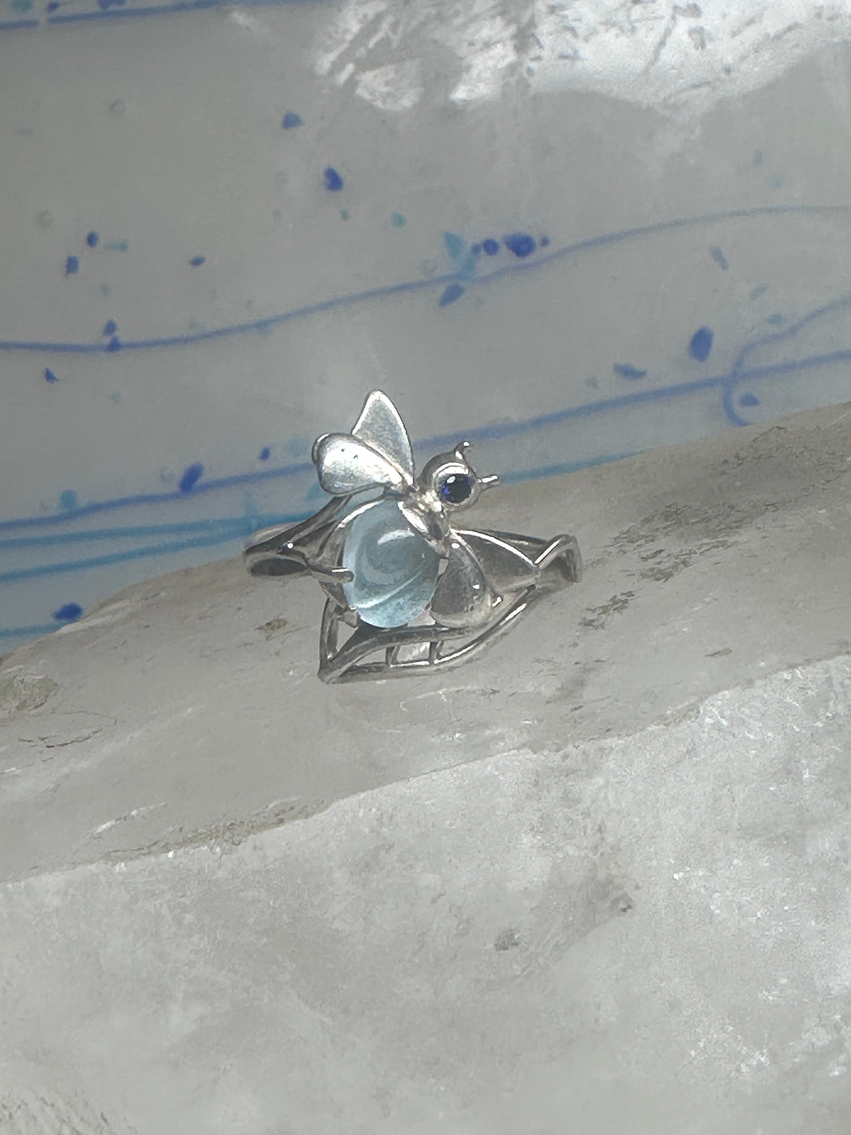 Vintage Sterling Silver Bumblebee Cocktail Ring Light Blue Cabochon Dark Blue Accent Size 8.75 925