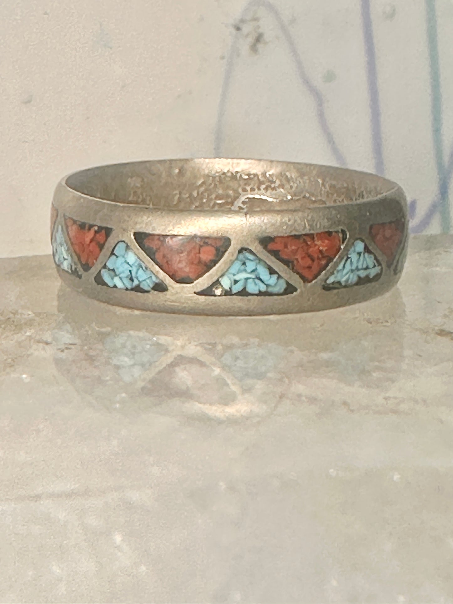 Zuni ring turquoise coral chips wedding band size 11.50 sterling silver women men
