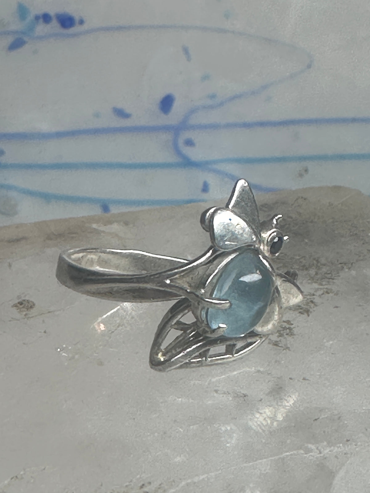 Vintage Sterling Silver Bumblebee Cocktail Ring Light Blue Cabochon Dark Blue Accent Size 8.75 925
