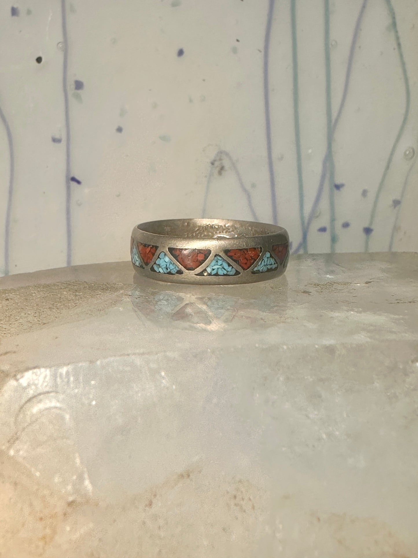 Zuni ring turquoise coral chips wedding band size 11.50 sterling silver women men