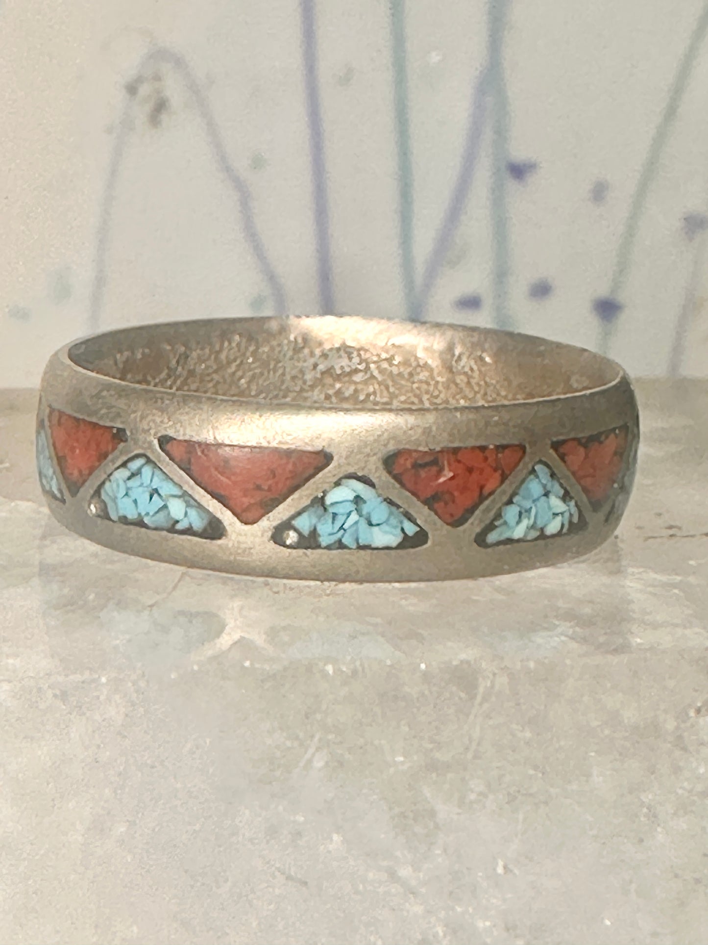 Zuni ring turquoise coral chips wedding band size 11.50 sterling silver women men