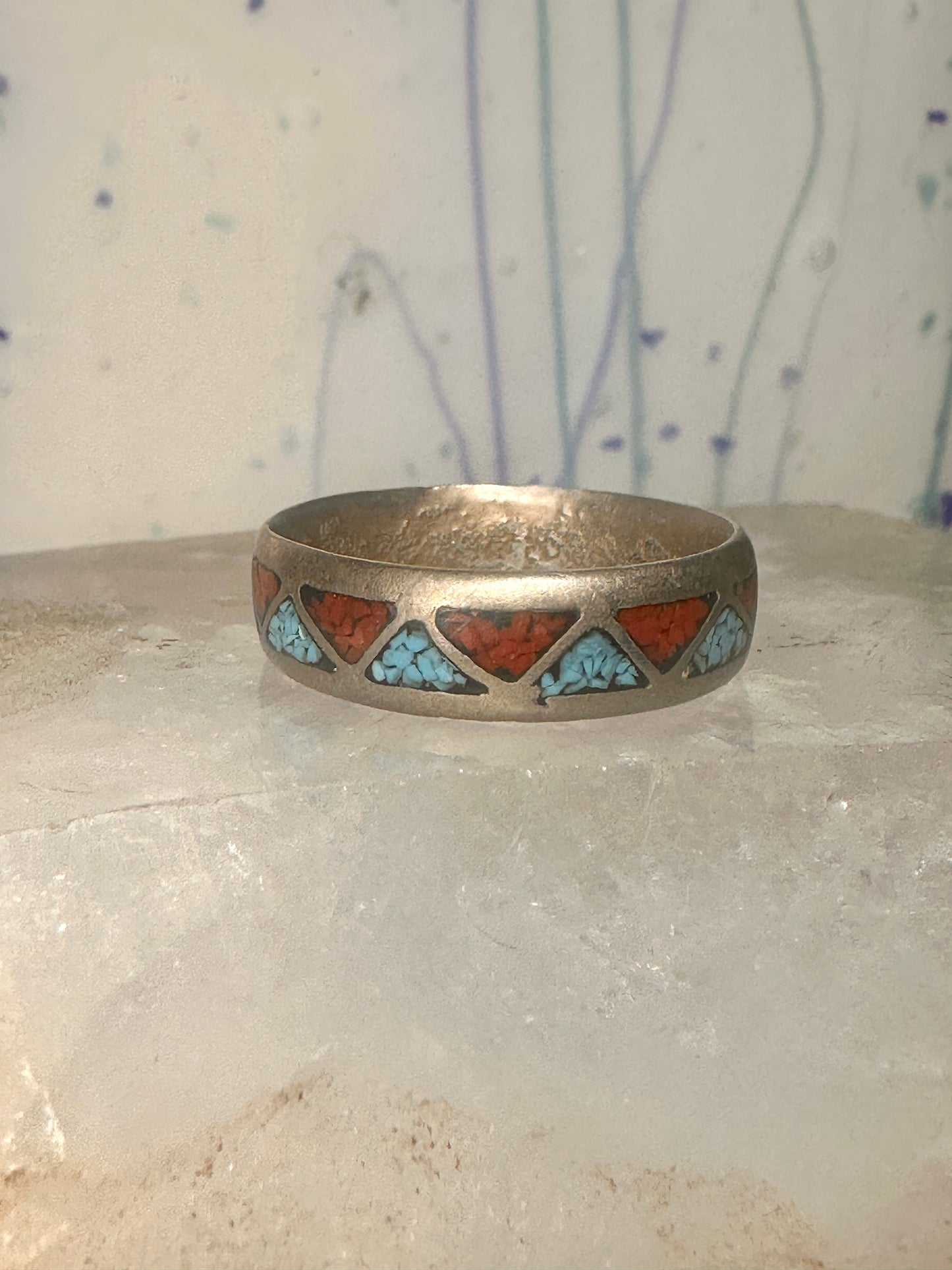 Zuni ring turquoise coral chips wedding band size 11.50 sterling silver women men