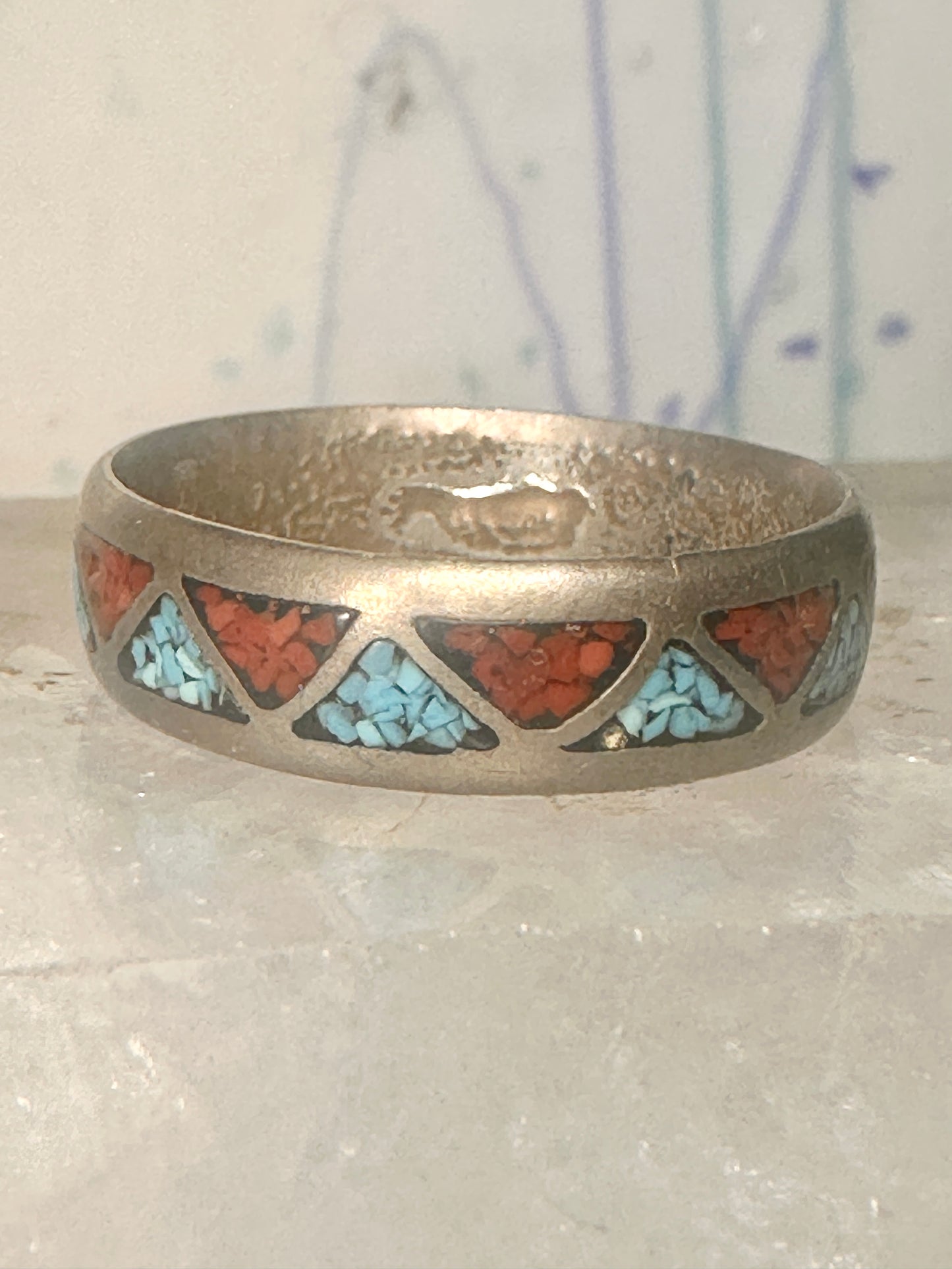 Zuni ring turquoise coral chips wedding band size 11.50 sterling silver women men