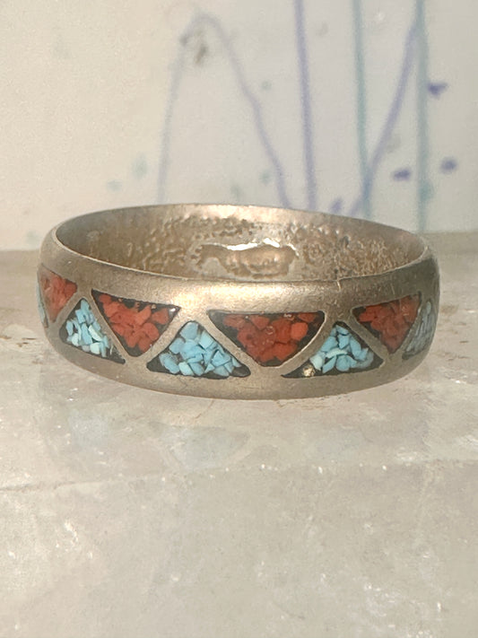 Zuni ring turquoise coral chips wedding band size 11.50 sterling silver women men