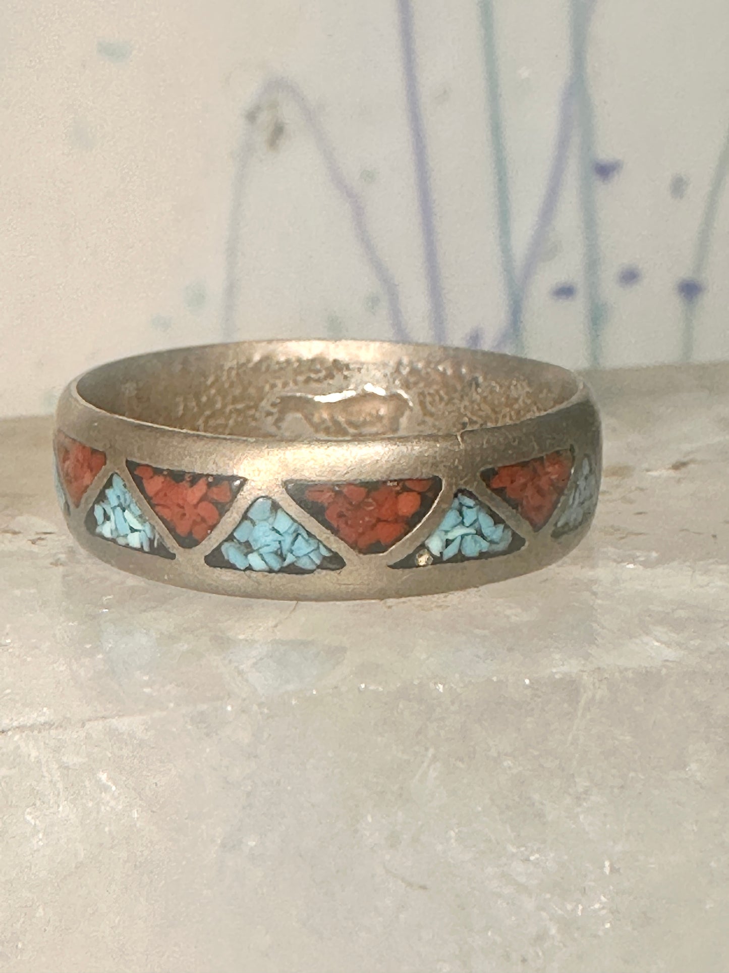 Zuni ring turquoise coral chips wedding band size 11.50 sterling silver women men