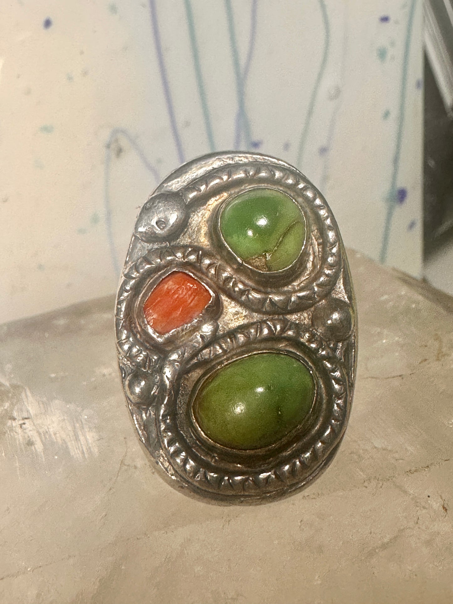 Navajo Snake ring turquoise coral band size 11.50 sterling silver women men