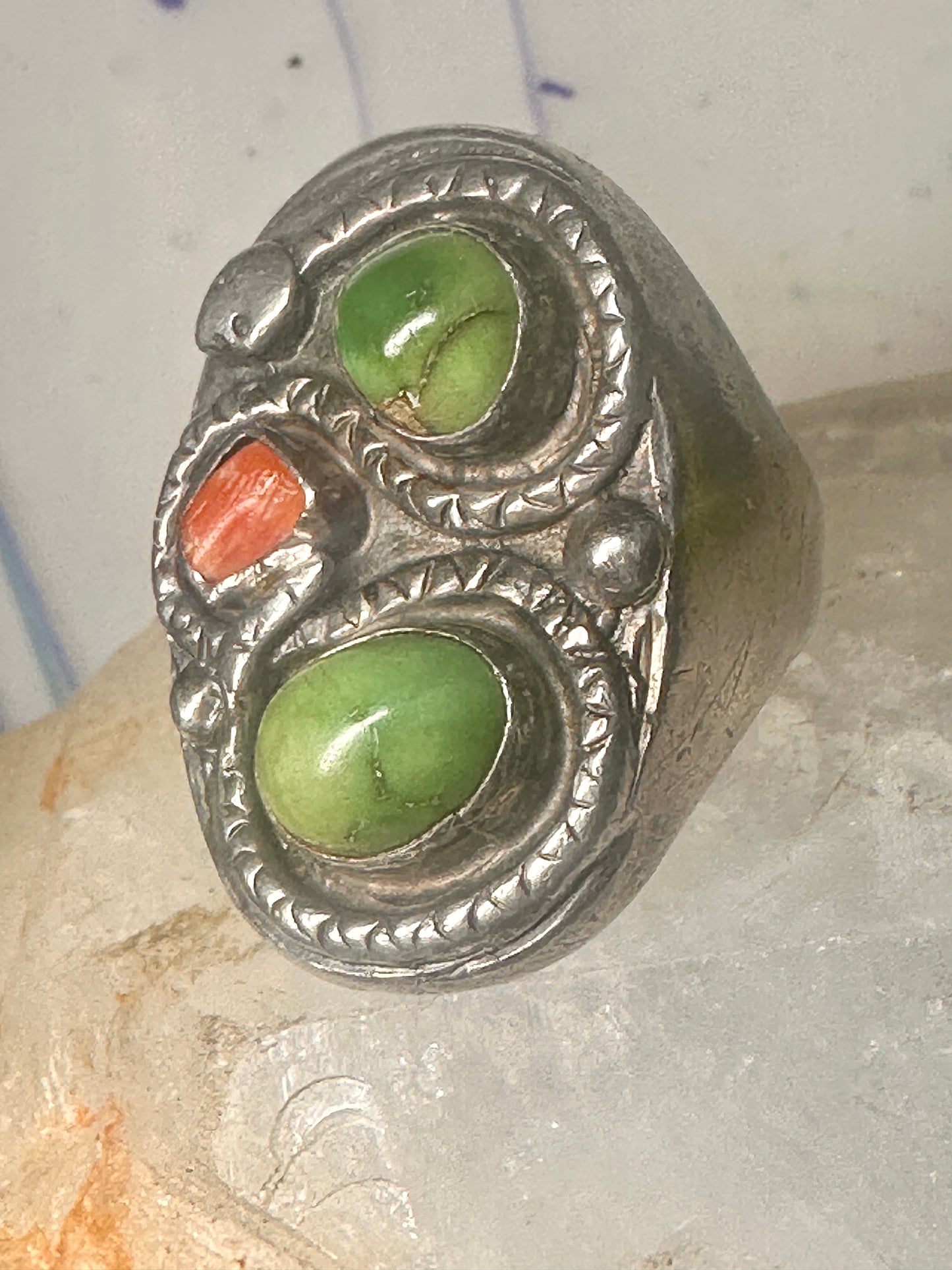 Navajo Snake ring turquoise coral band size 11.50 sterling silver women men