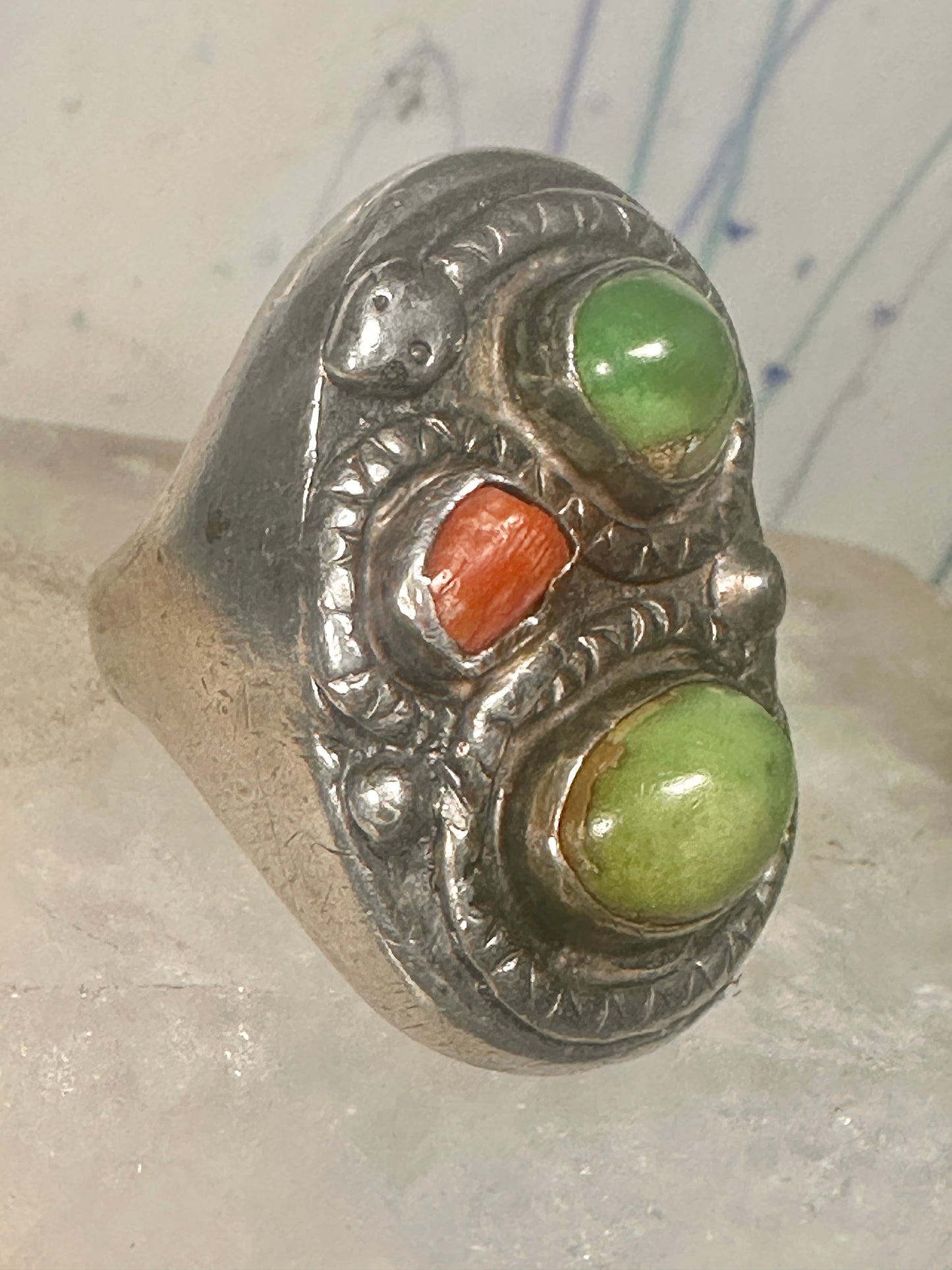 Navajo Snake ring turquoise coral band size 11.50 sterling silver women men