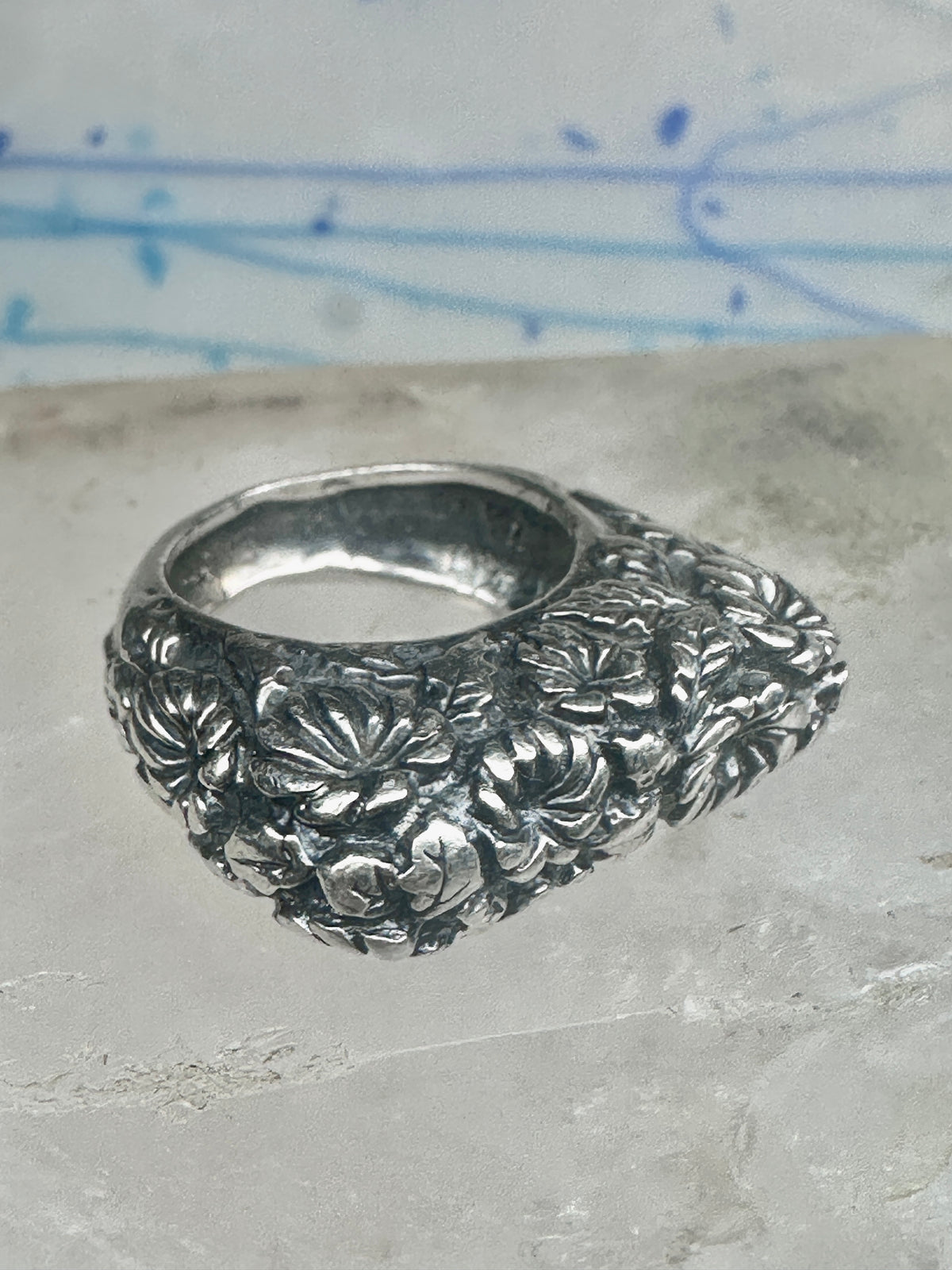 Vintage Dian Malouf Sterling Silver Floral Repousse Dome Ring Flower Garden Statement Size 6 925