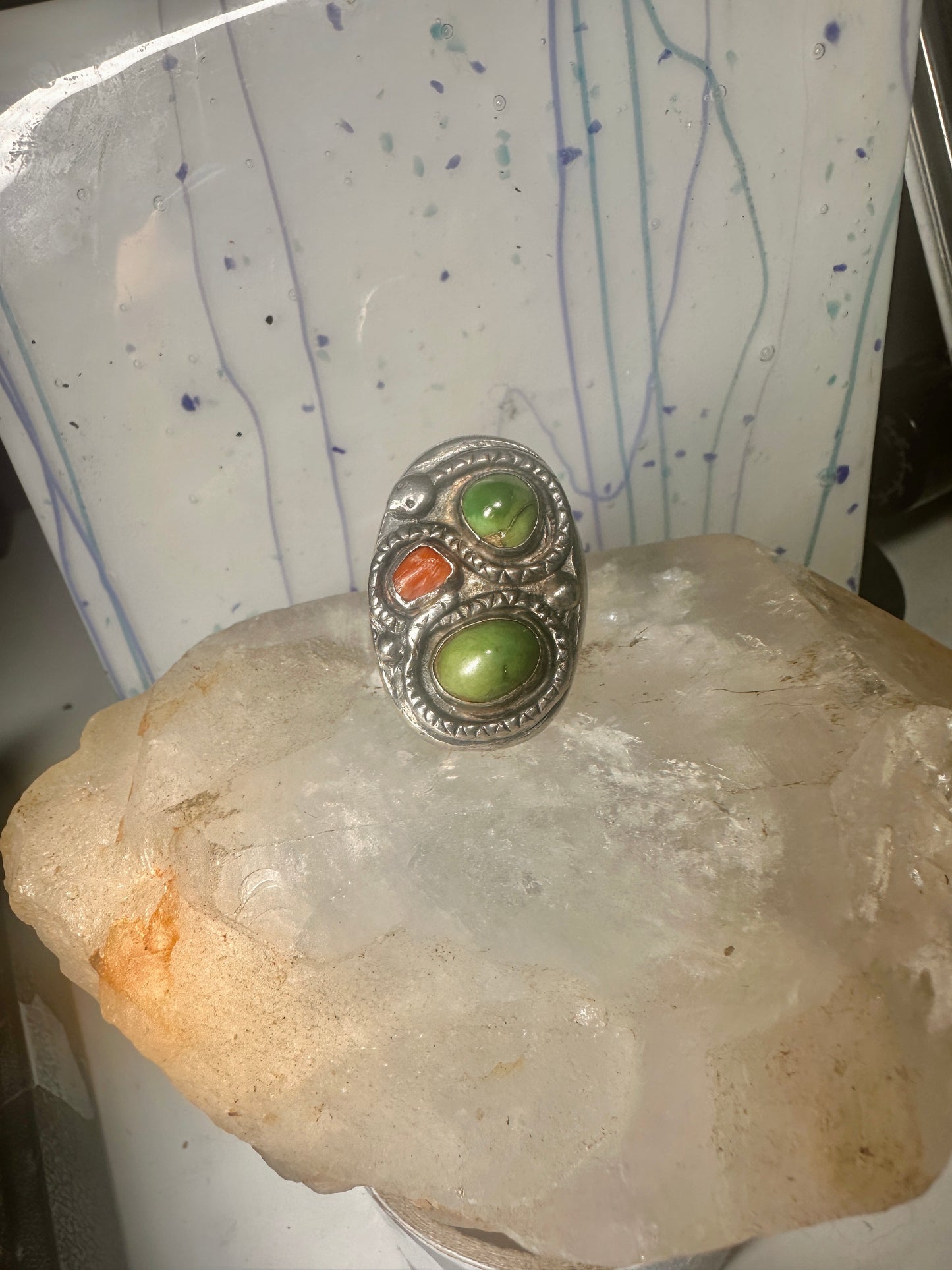 Navajo Snake ring turquoise coral band size 11.50 sterling silver women men