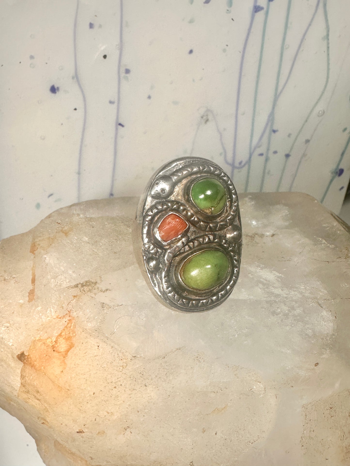 Navajo Snake ring turquoise coral band size 11.50 sterling silver women men