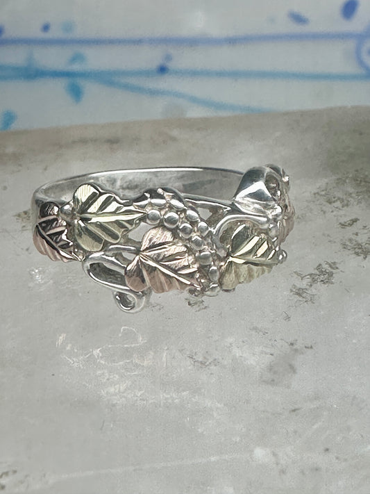 Vintage Sterling Silver 12K Gold Black Hills Gold Style Grape Leaf Ring Band Size 7 925