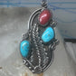 Long Navajo Ring Turquoise Coral leaves flower sterling silver size 6 women