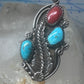 Long Navajo Ring Turquoise Coral leaves flower sterling silver size 6 women