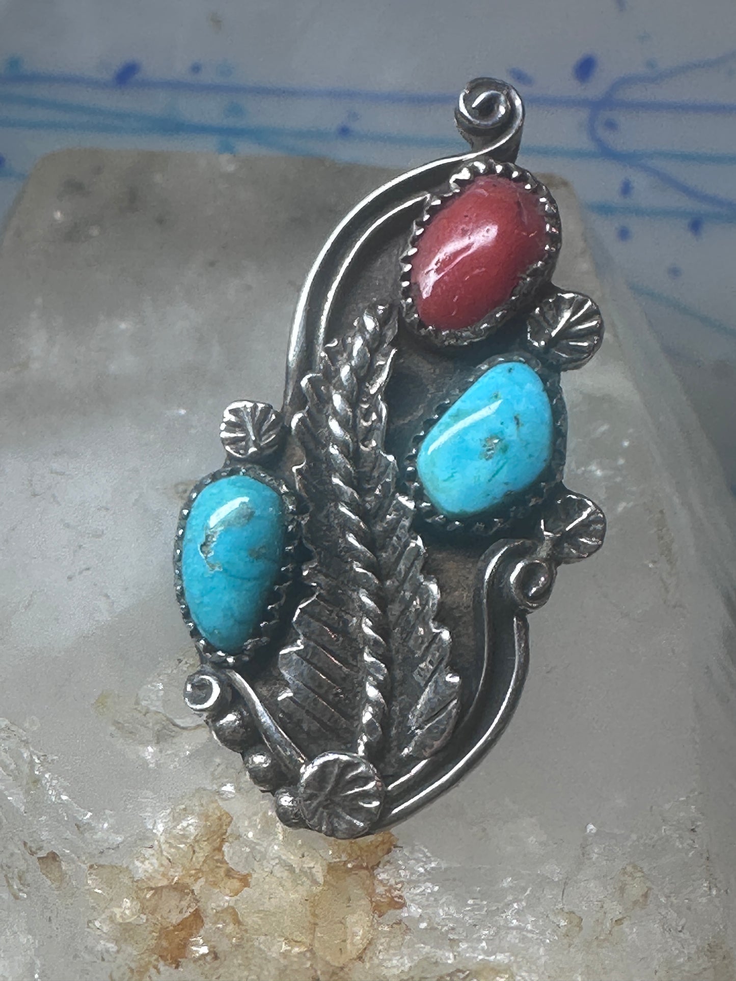 Long Navajo Ring Turquoise Coral leaves flower sterling silver size 6 women