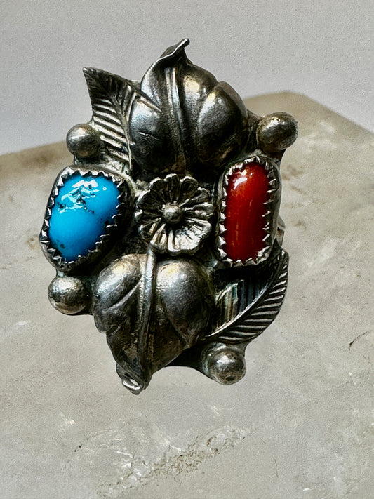 Squash Blossom ring Turquoise coral size 9.75 Navajo sterling silver women
