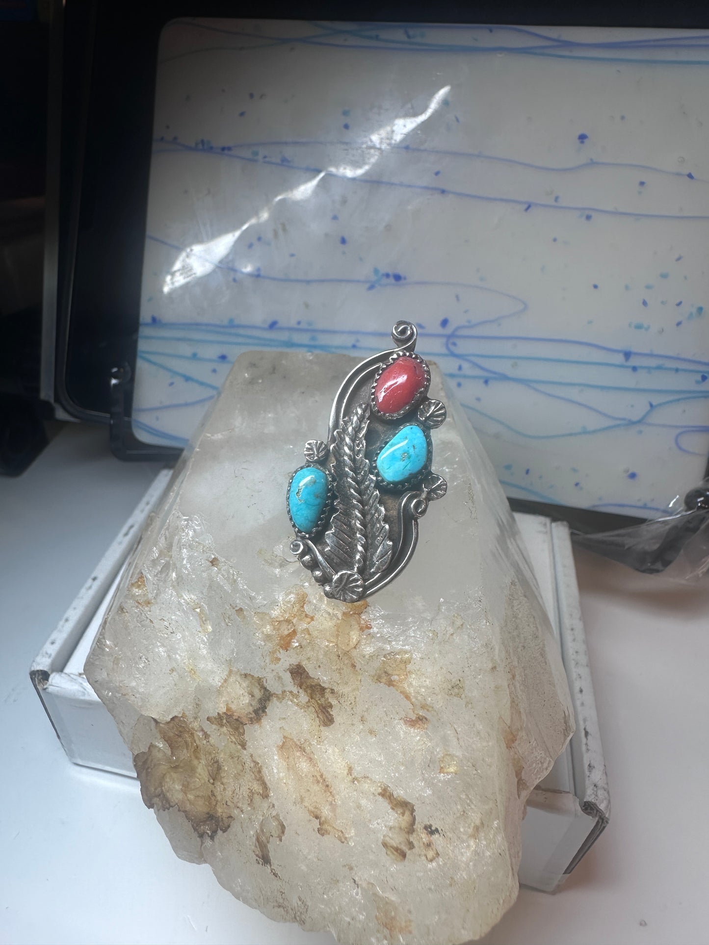 Long Navajo Ring Turquoise Coral leaves flower sterling silver size 6 women