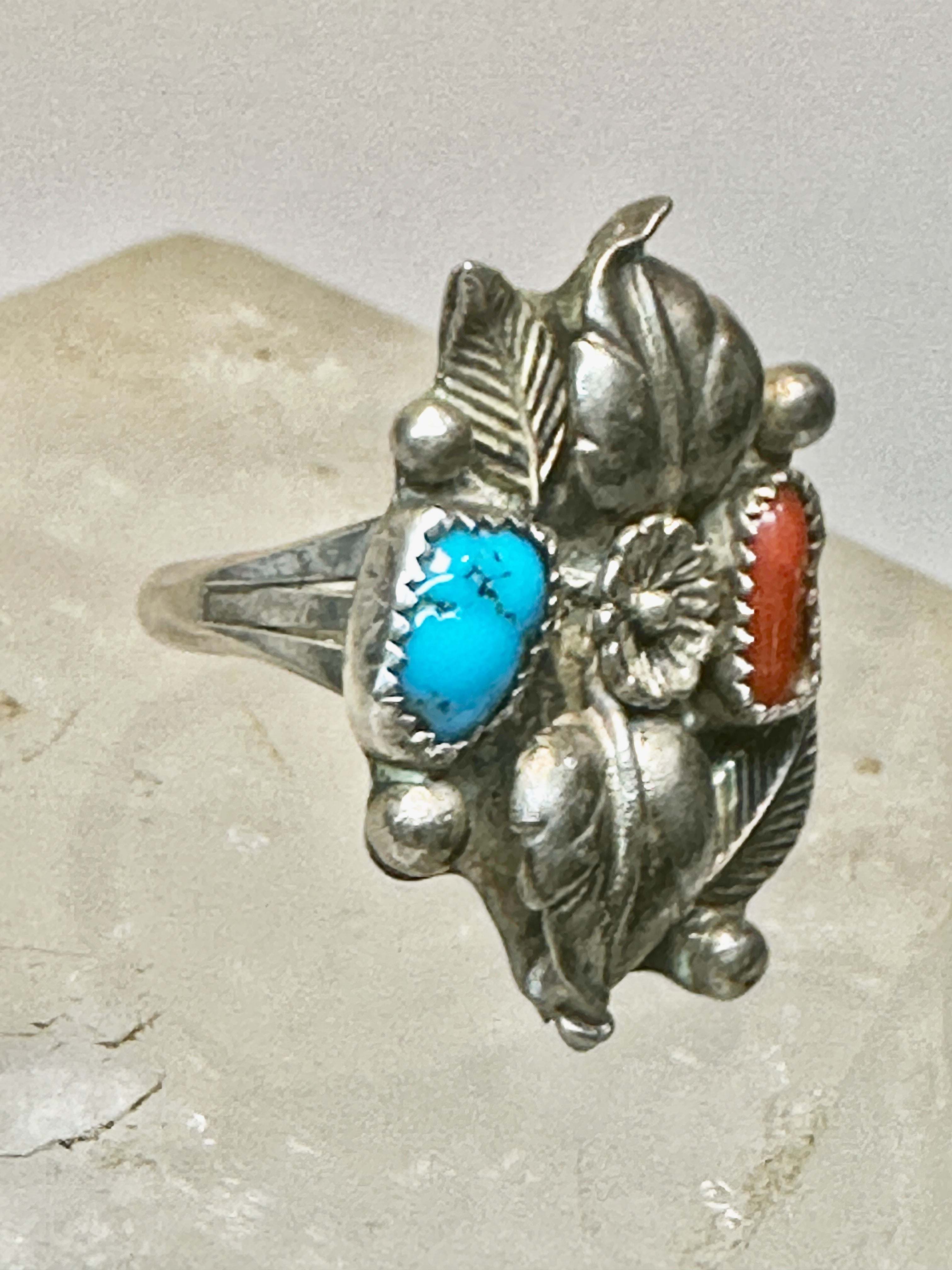 Vintage Native American Sterling Silver, Turquoise and Coral Size buy 11 Squash Blossom Ring.