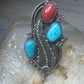 Long Navajo Ring Turquoise Coral leaves flower sterling silver size 6 women