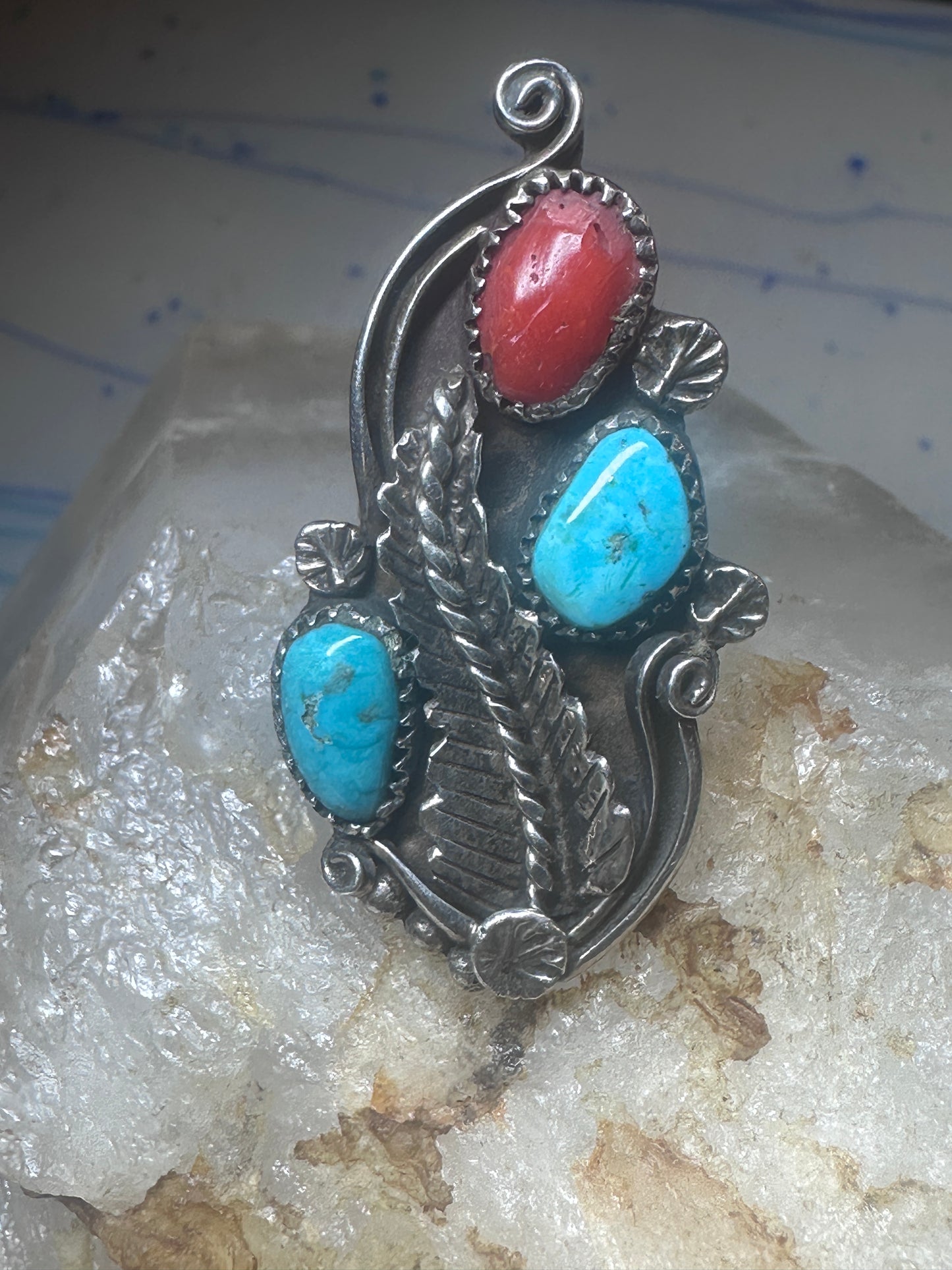 Long Navajo Ring Turquoise Coral leaves flower sterling silver size 6 women