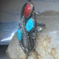 Long Navajo Ring Turquoise Coral leaves flower sterling silver size 6 women