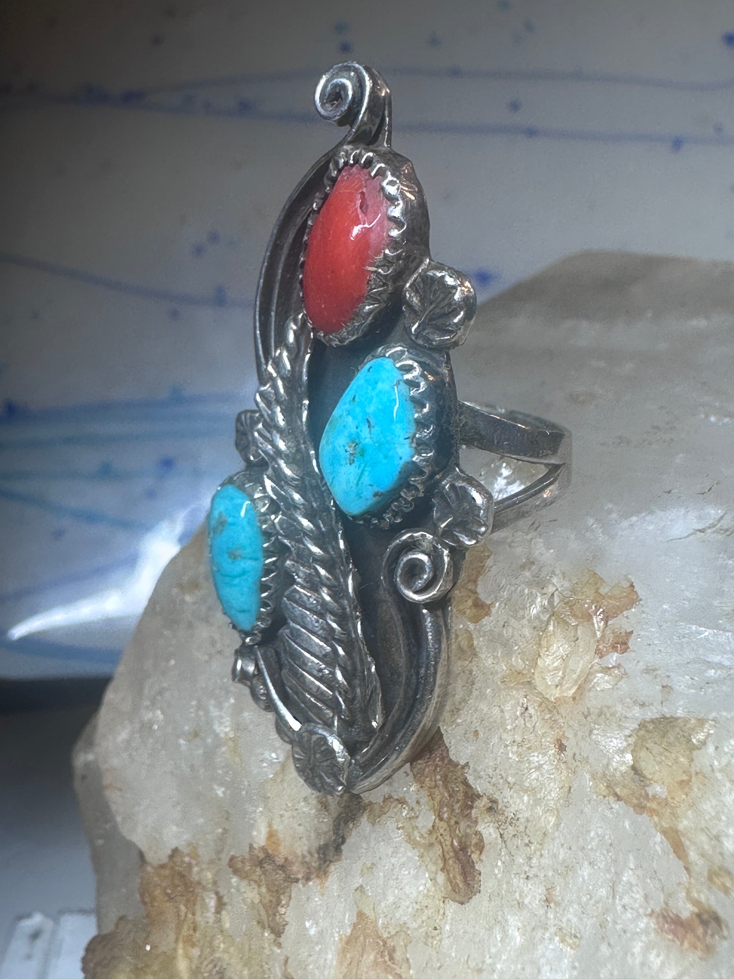 Long Navajo Ring Turquoise Coral leaves flower sterling silver size 6 women