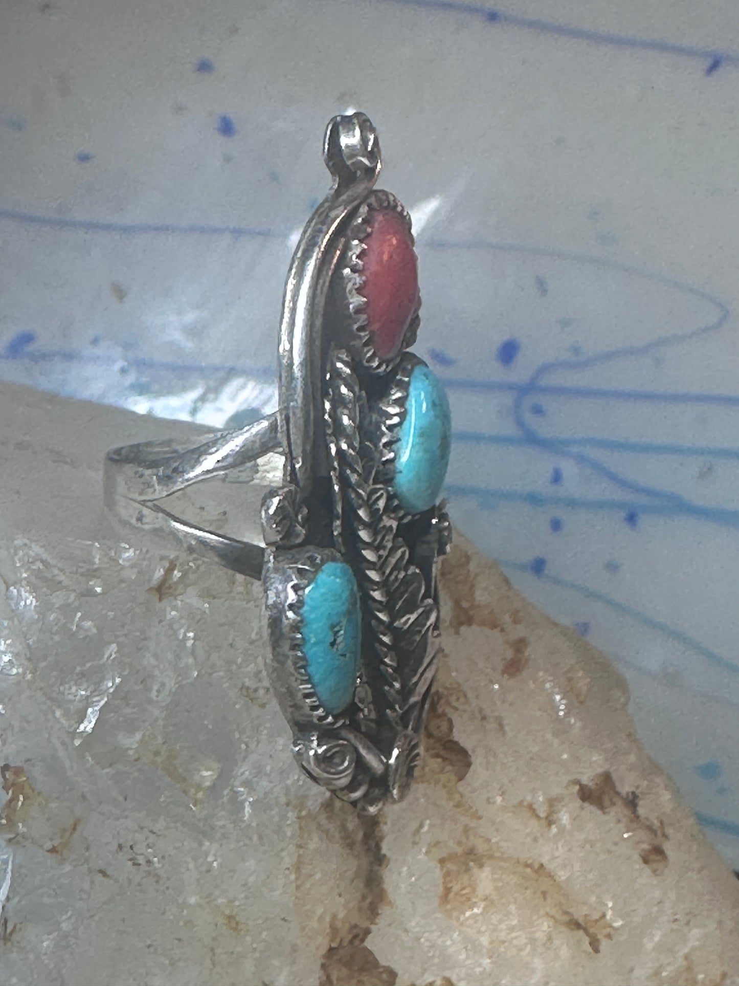 Long Navajo Ring Turquoise Coral leaves flower sterling silver size 6 women