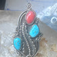 Long Navajo Ring Turquoise Coral leaves flower sterling silver size 6 women